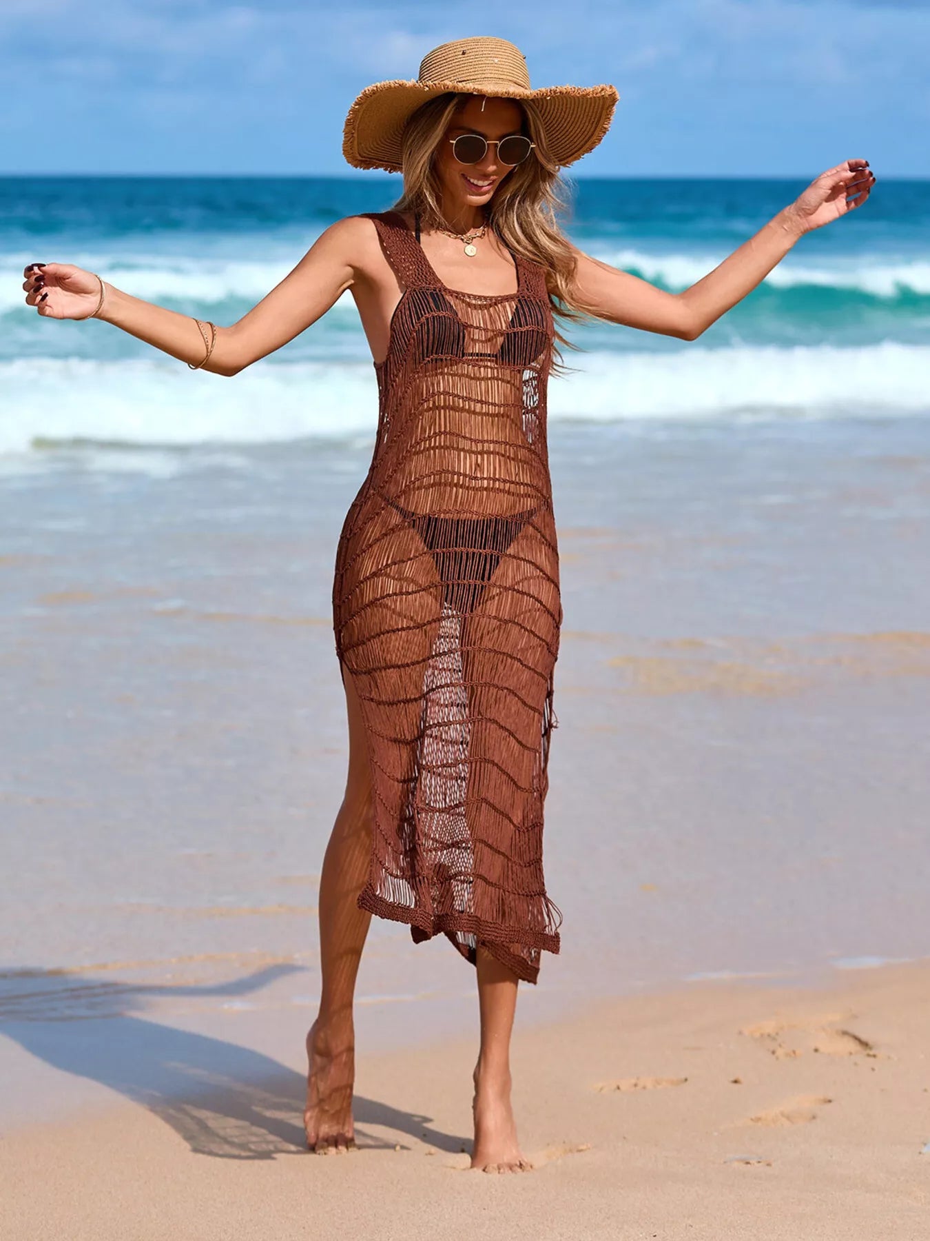 Sleeveless Crochet Knit Slit Cover-Up Dress