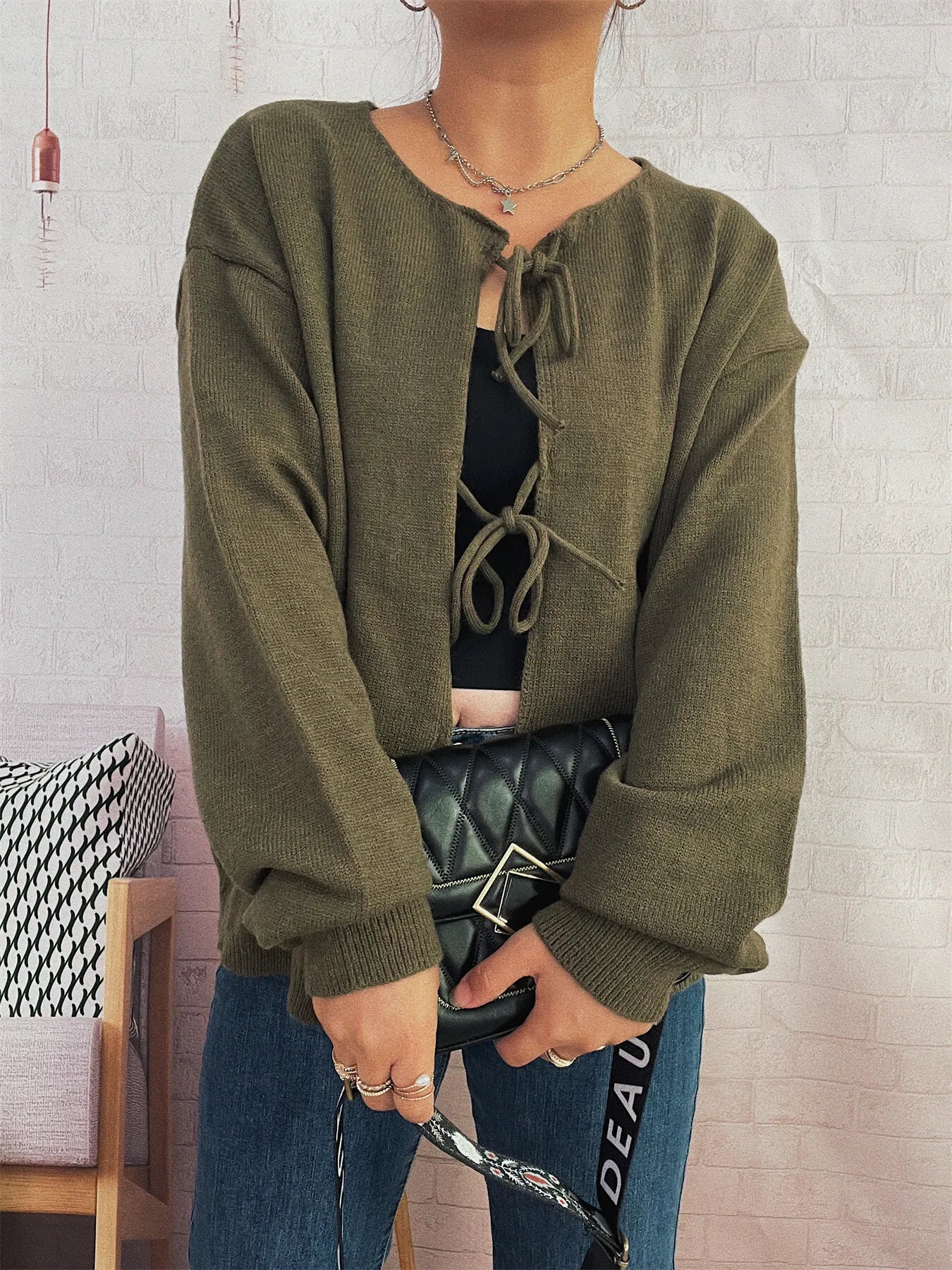 Tie Front Drop Shoulder Cardigan