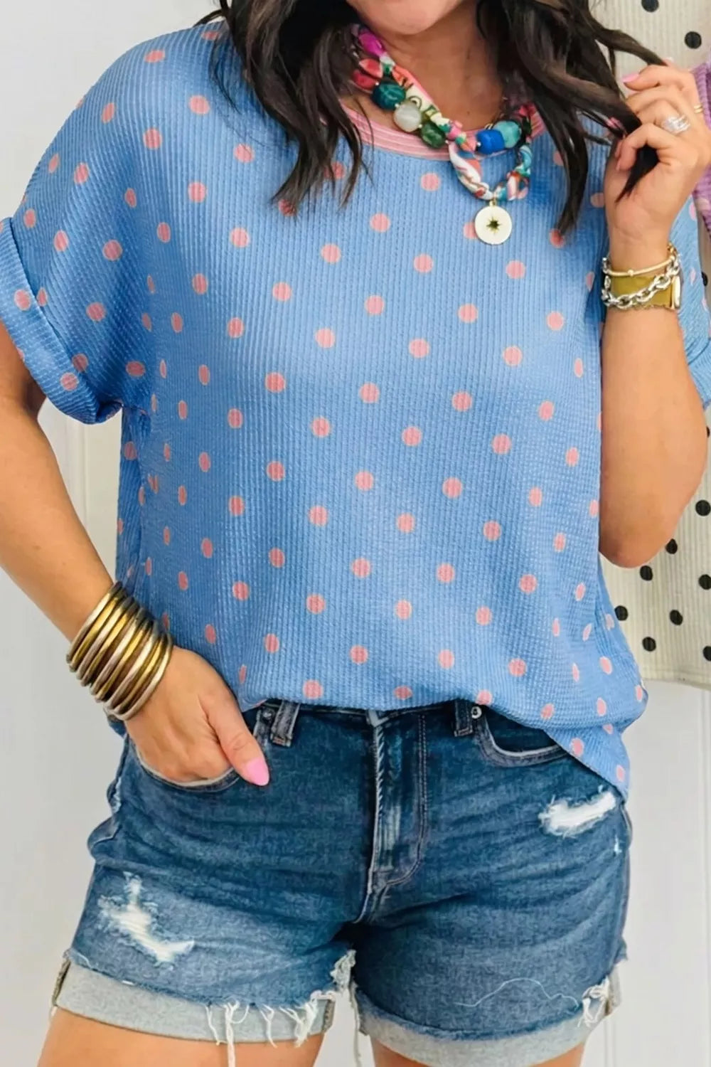 Casual Polka Dot Print Ribbed Knit T-Shirt