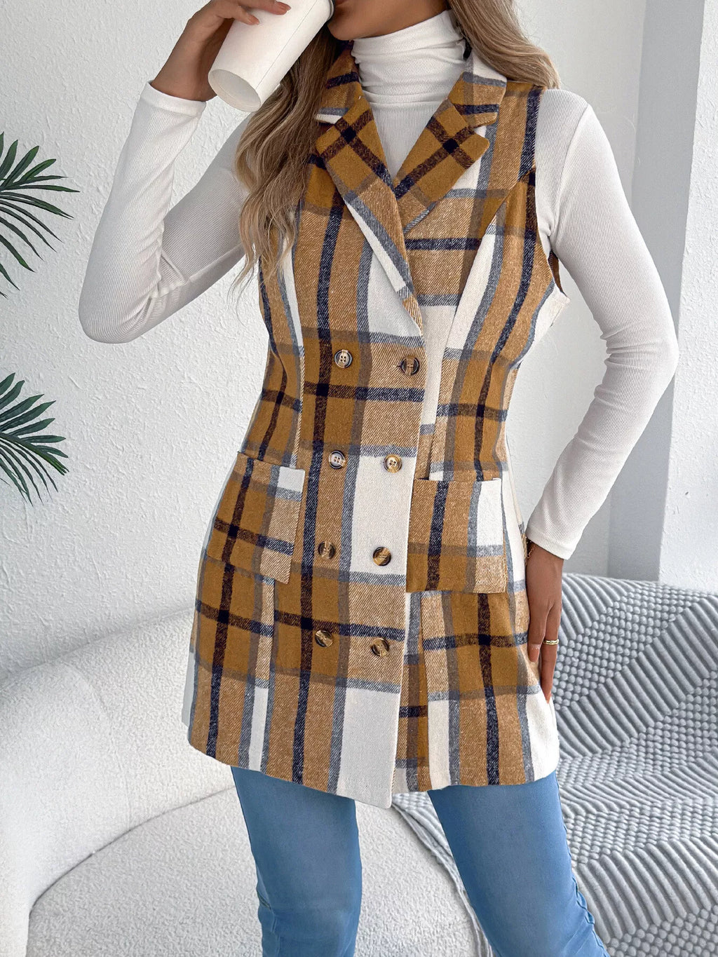 Plaid Double-Breasted Vest Coat