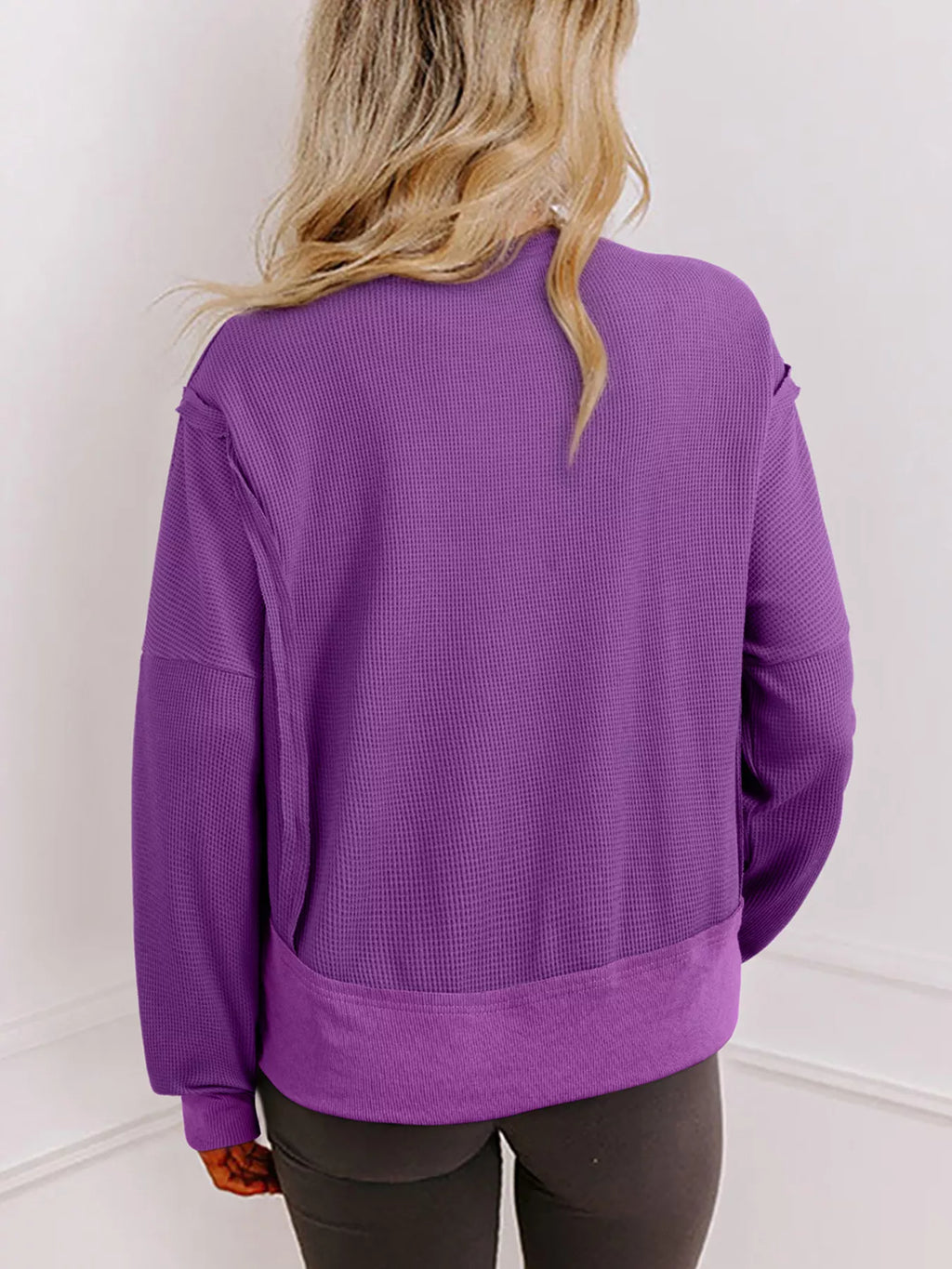Solid Color Raw Seam Patchwork Ribbed Drop Shoulder Sweatshirt