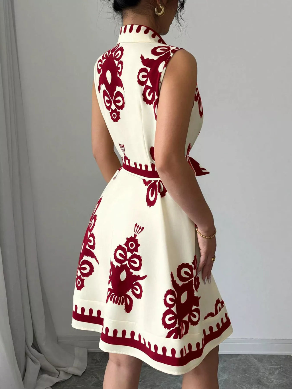 Sleeveless Ruched Printed Tie Waist Dress