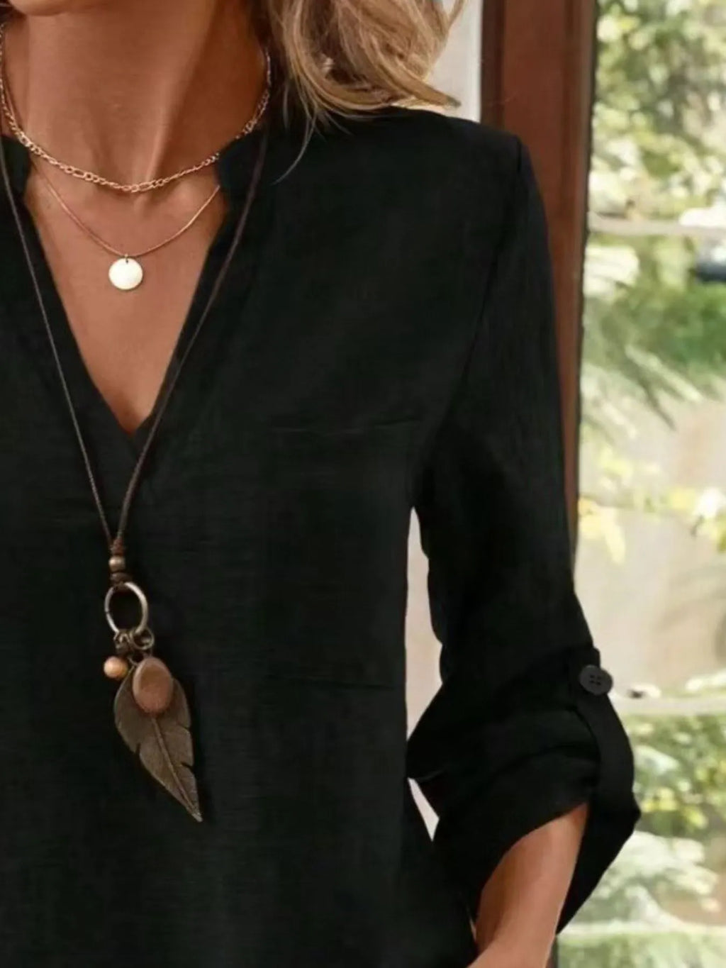 Casual Notched Roll-Up Sleeve Pocket Blouse