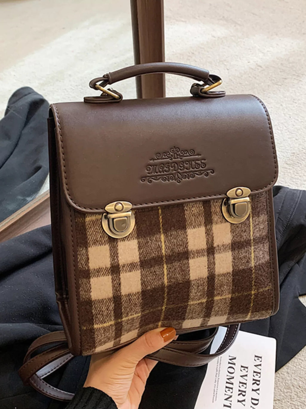 Vintage Plaid Flap Backpack Bag