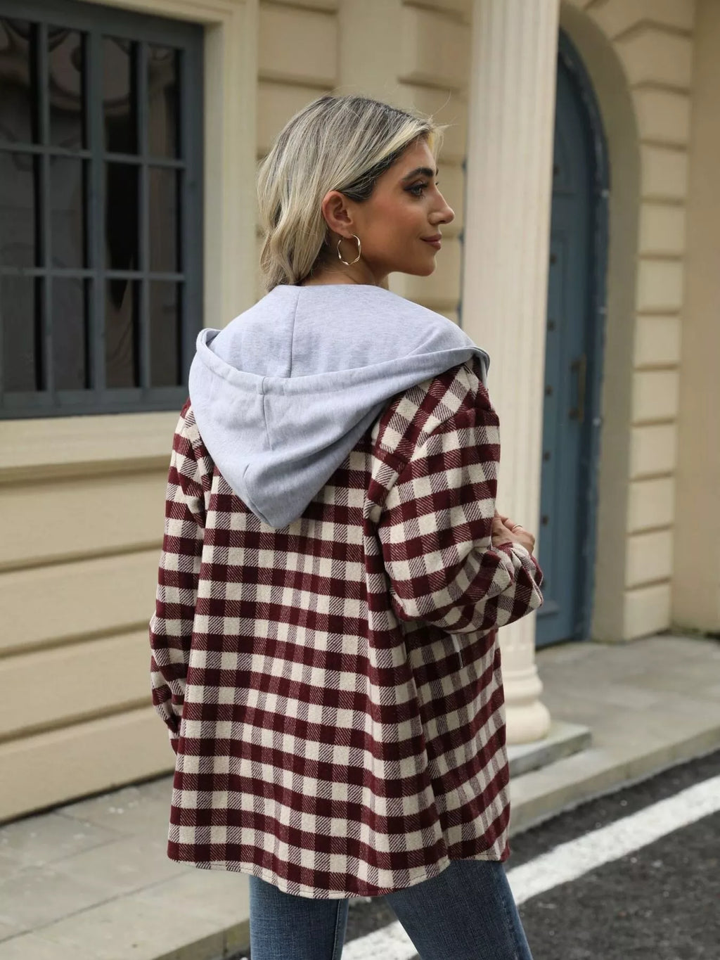 Plaid Button Up Long Sleeve Drawstring Hooded Jacket
