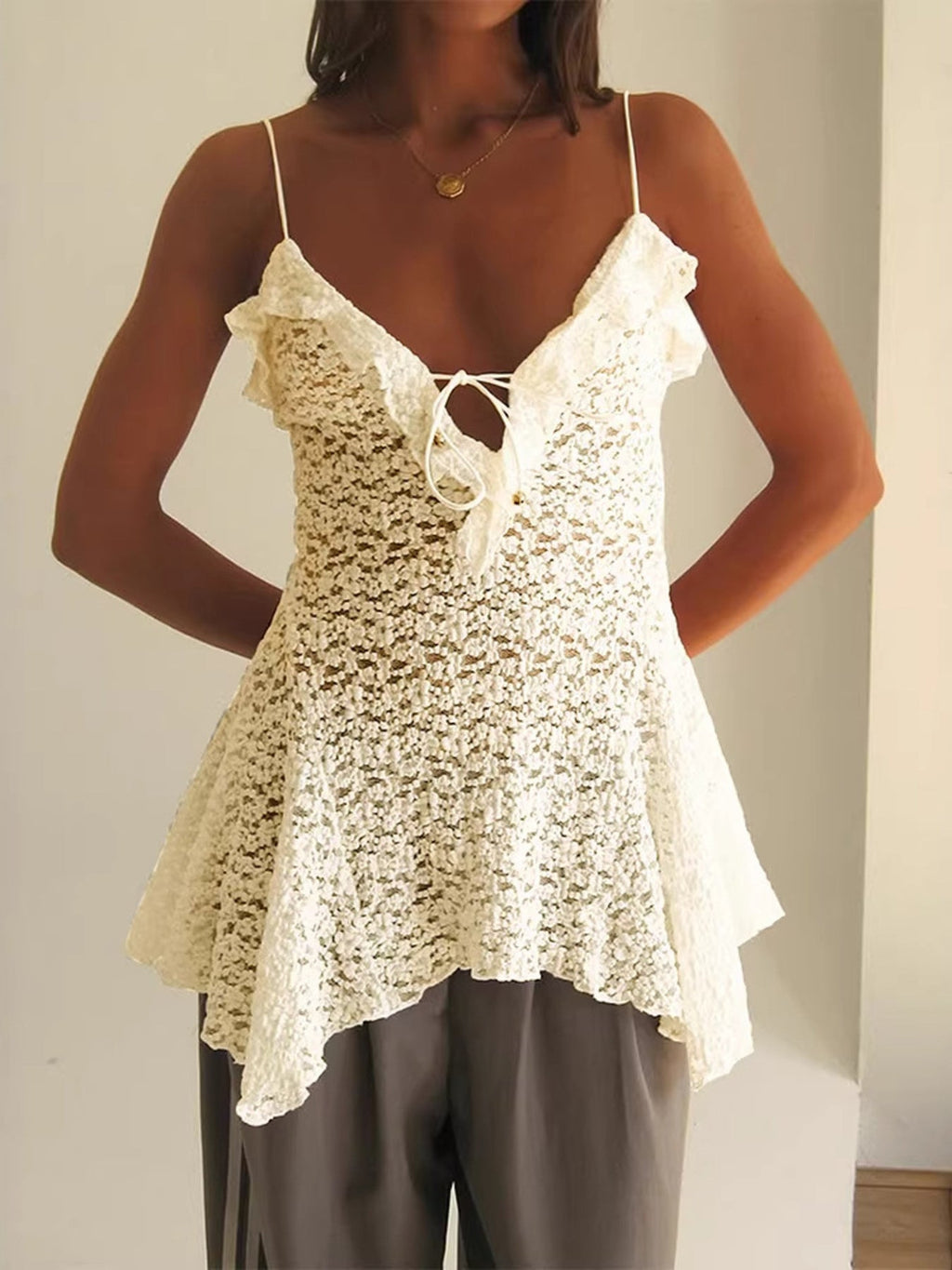 Lace Ruffle Trim Tie-Front Cami