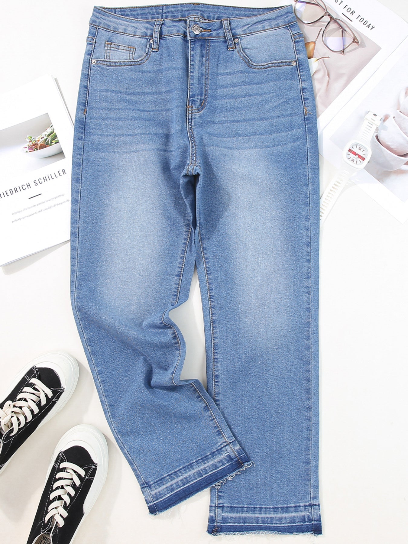 Whiskered Wash Raw Hem Cropped Jeans
