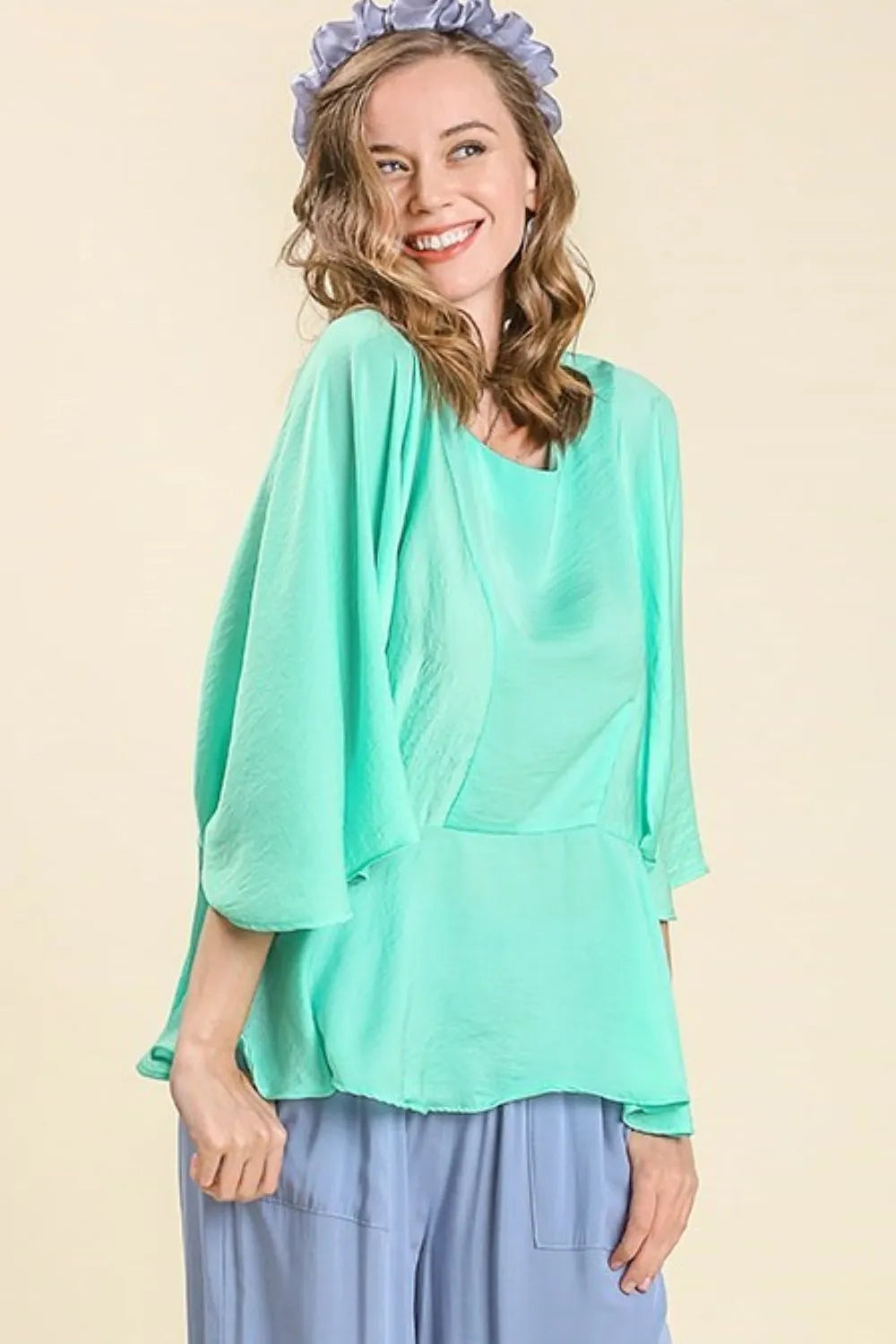 Umgee Full Size Satin Pleated Peplum Round Neck Blouse Plus Size