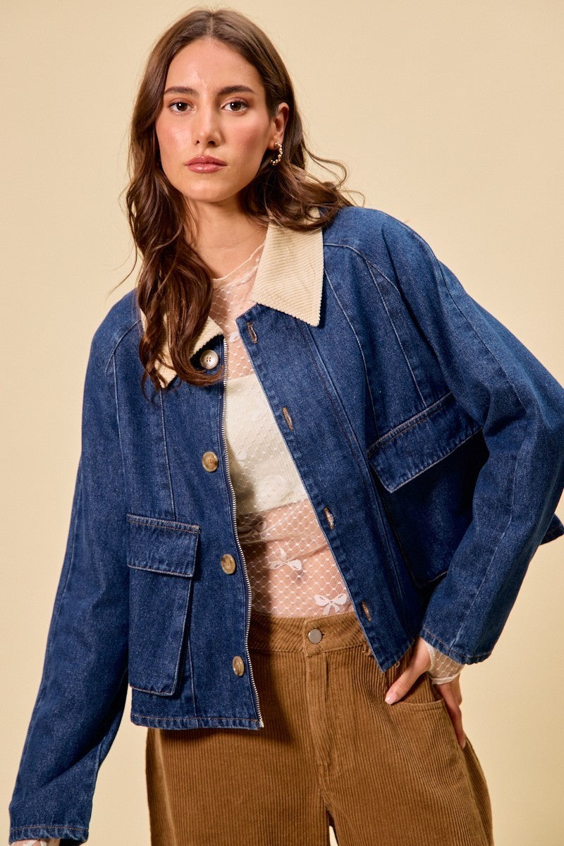 SO ME Zip Up And Buttoned Denim Jacket