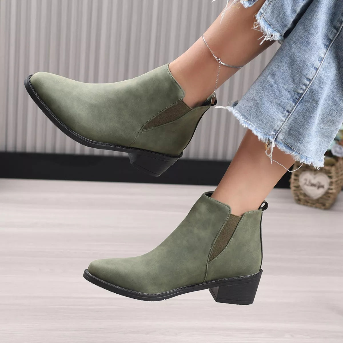 Point Toe Block Heels Ankle Boots
