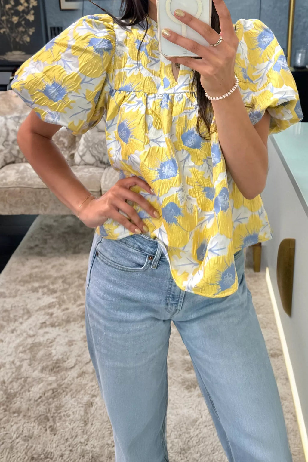 Short Bubble Sleeve Summer Floral Blouse
