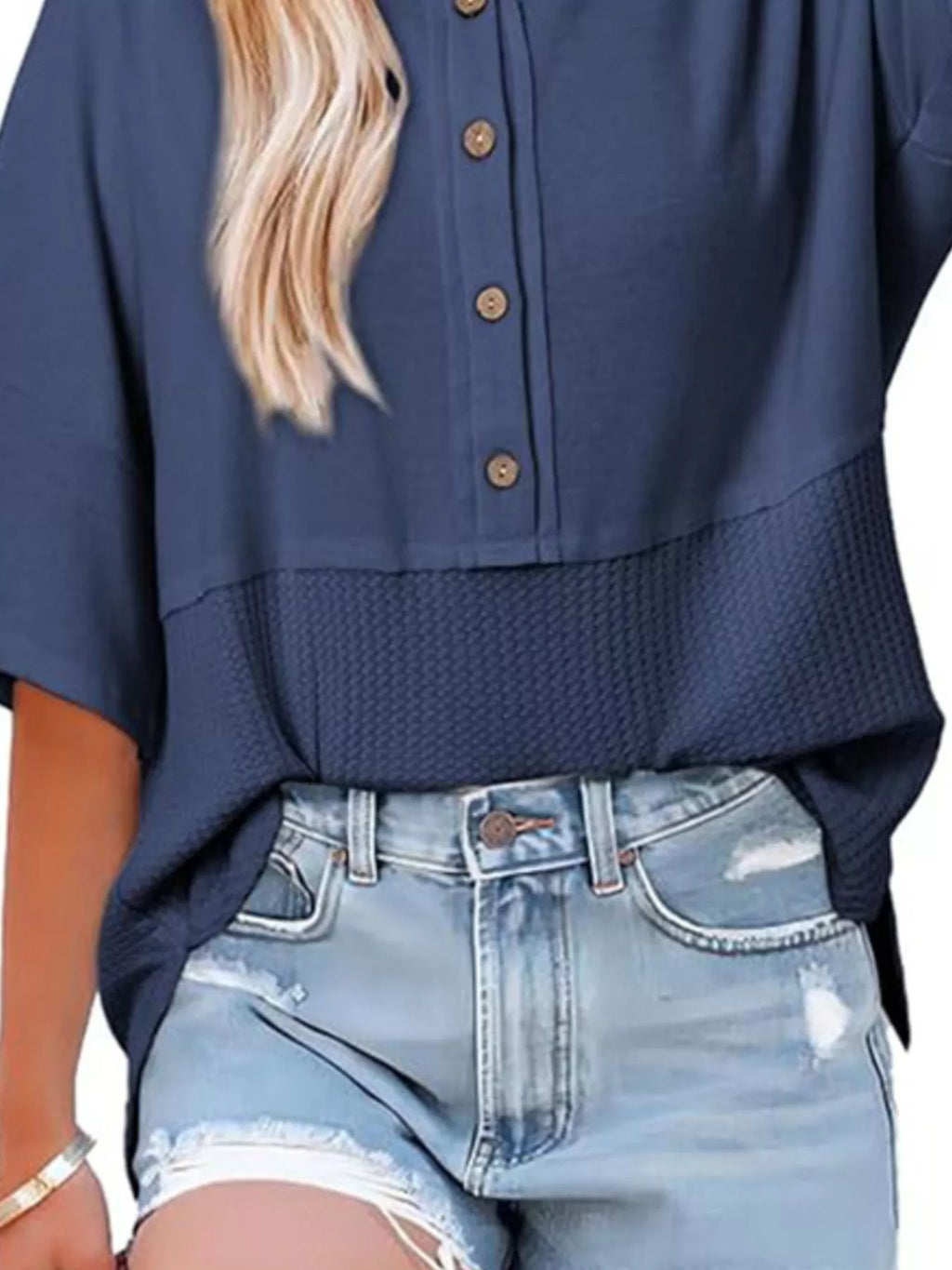 Button Detail Texture Knit T-Shirt