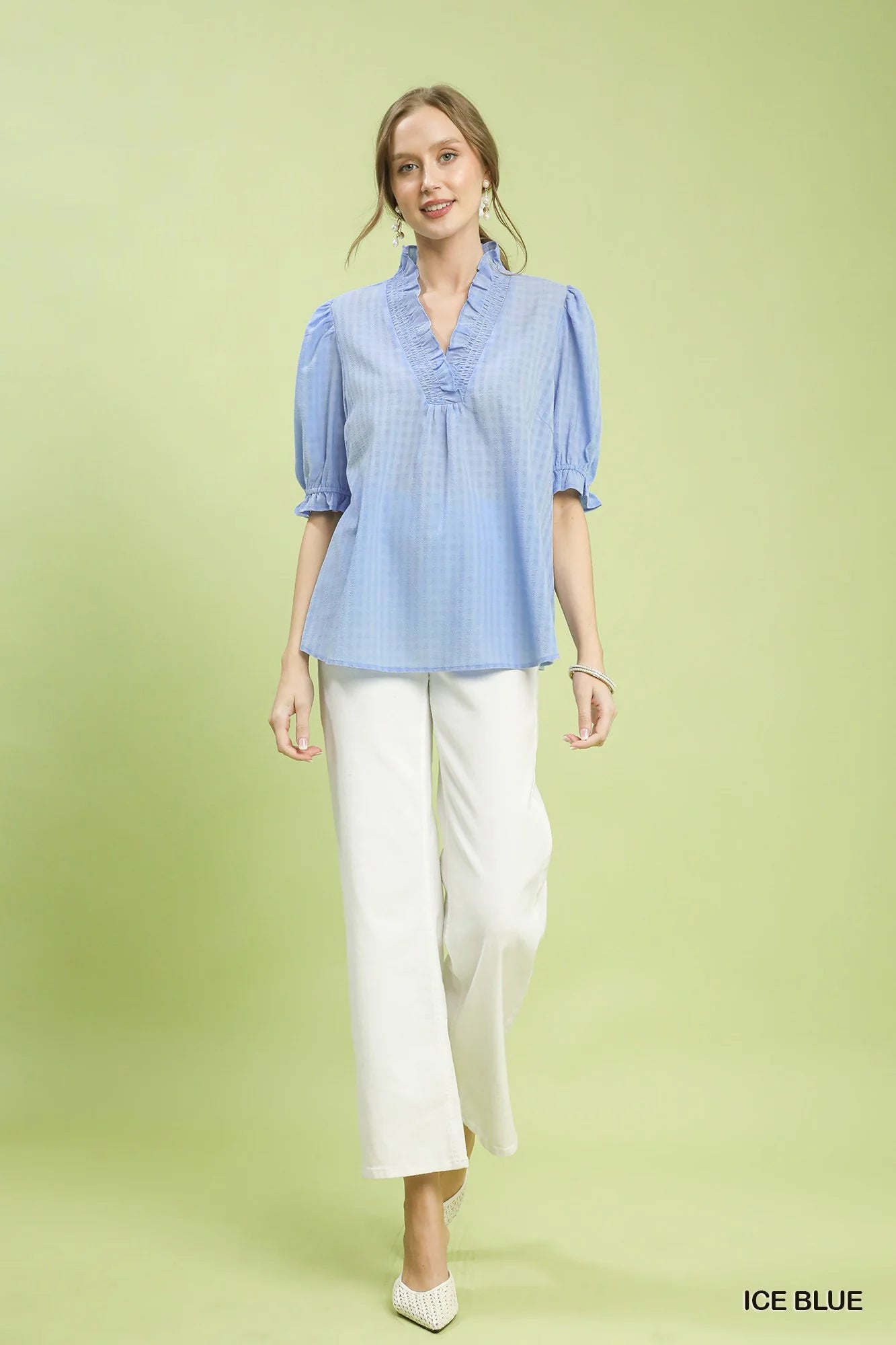 Umgee Textured Check Ruffle V-Neck Blouse