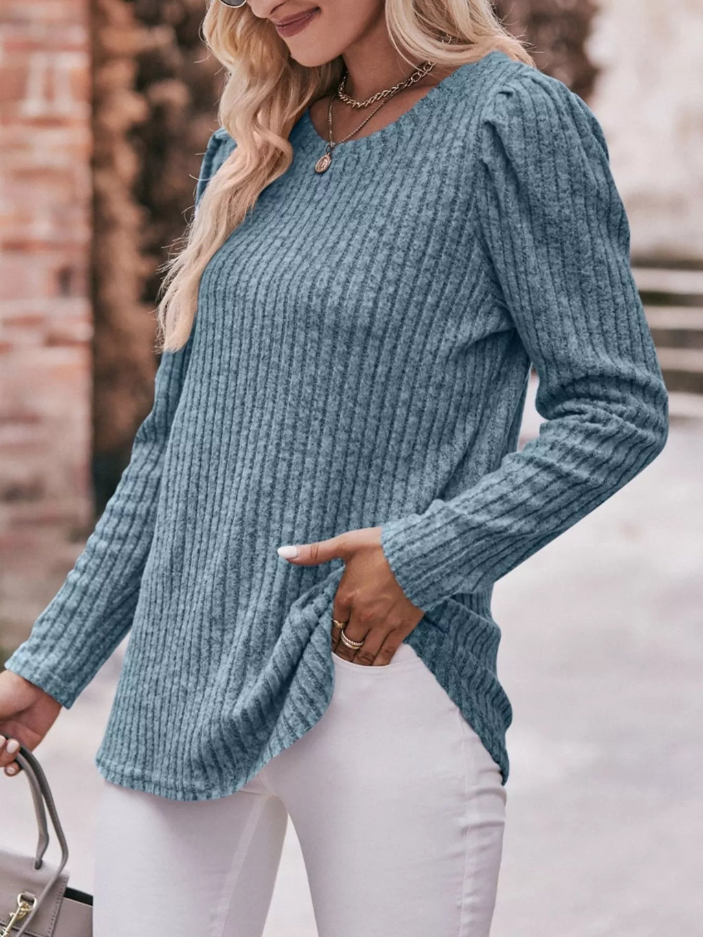 Ribbed Knit Puff Sleeve T-Shirt