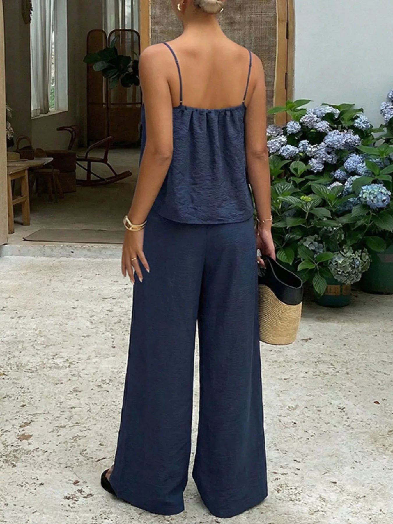 Lace Trim Cami and Wide-Leg Pants Set