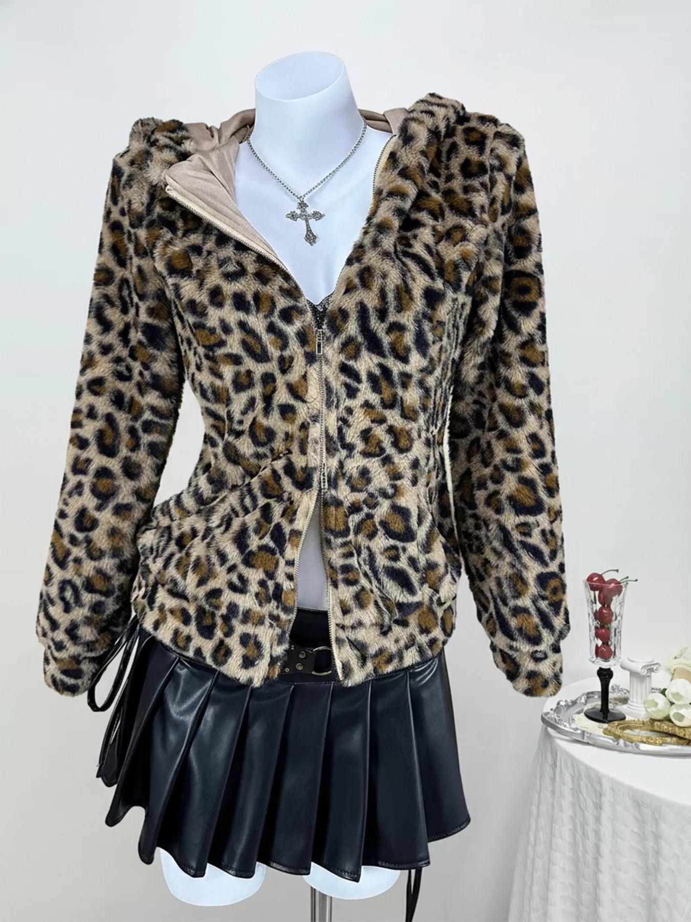 Leopard Plush Zip-Up Hooded Outerwear