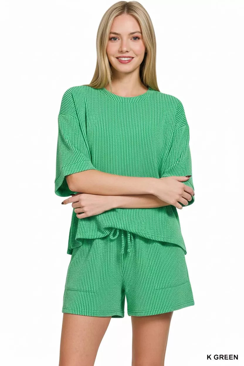 Zenana Raised Rib Short Sleeve Tee and Drawstring Shorts Set