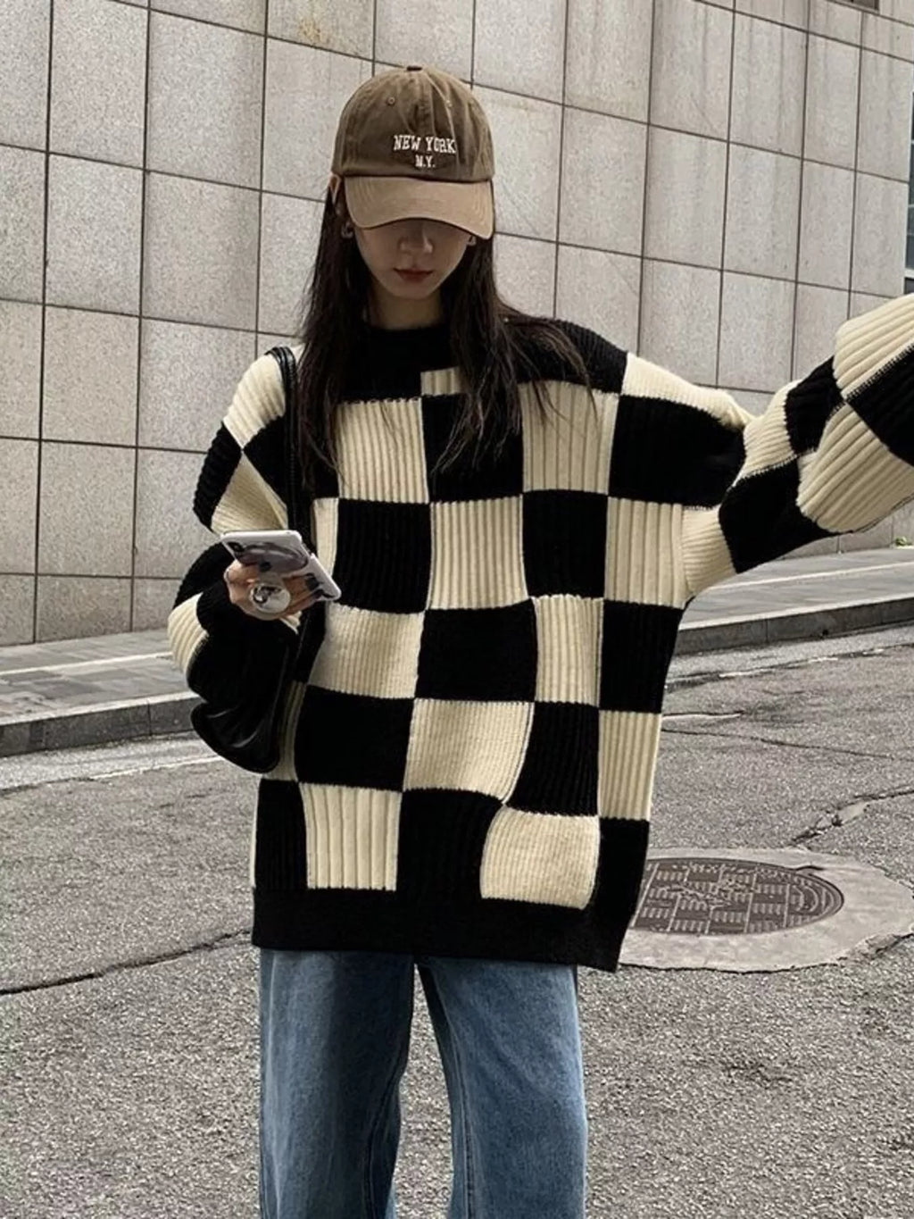 Checkerboard Pattern Oversized Sweater