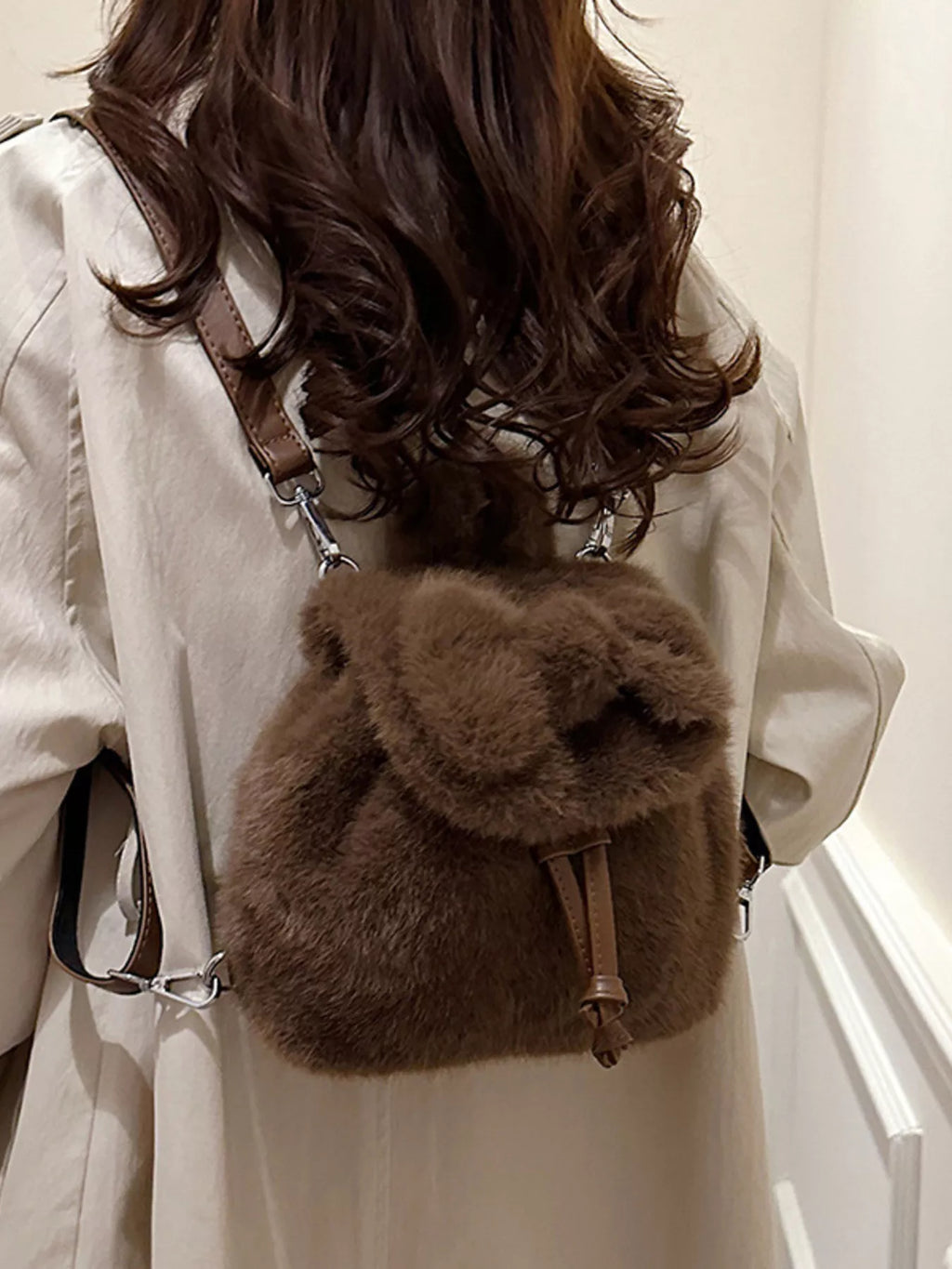 Fuzzy Plush Drawstring Backpack Bag