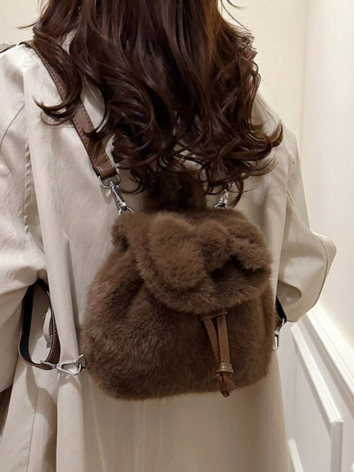 Fuzzy Plush Drawstring Backpack Bag