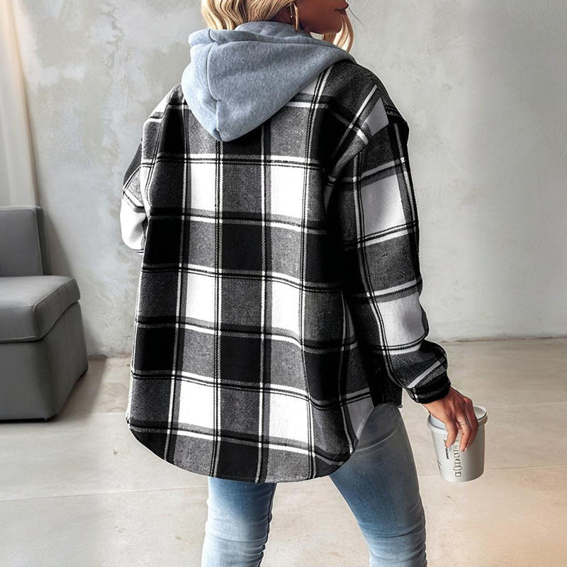 Women's Plaid Hoodie Long Sleeve Jacket With Pocket