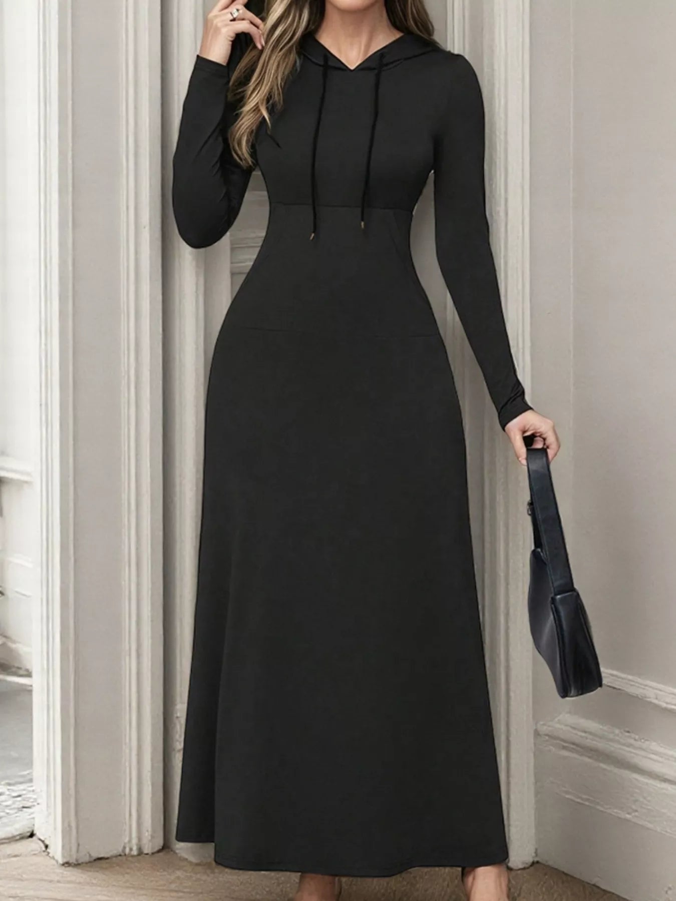 Drawstring Long Sleeve Hooded Maxi Dress