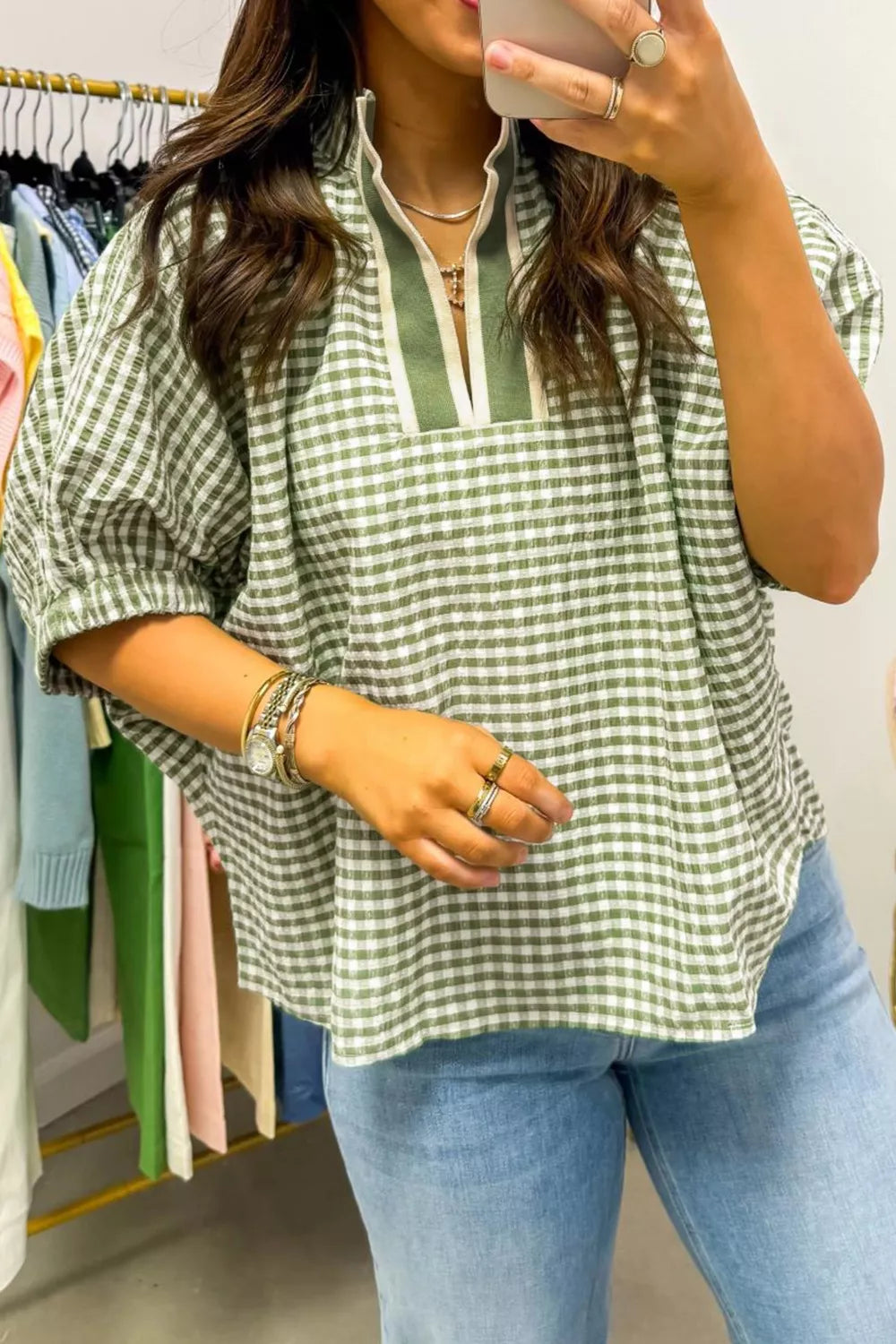 Gingham Half Sleeve Blouse