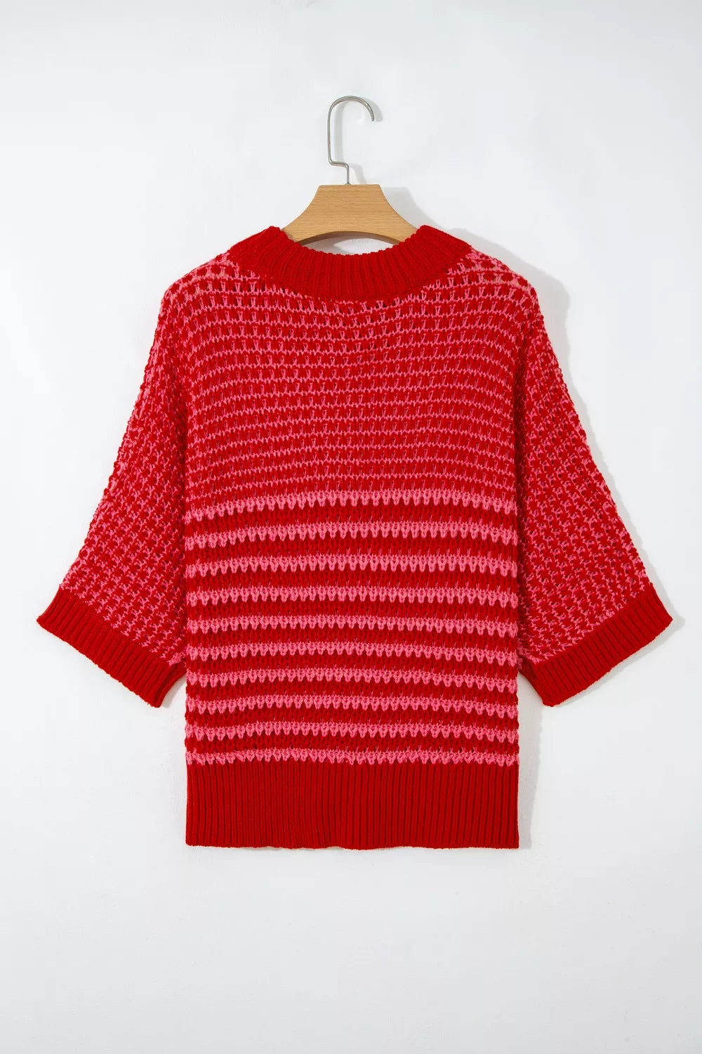 Stripe Wavy Crochet Eyelet Detail Ruffle Half Sleeve Sweater