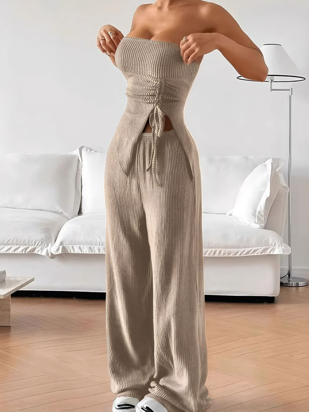 Ribbed Knit Tube Top and Wide Leg Pants Set