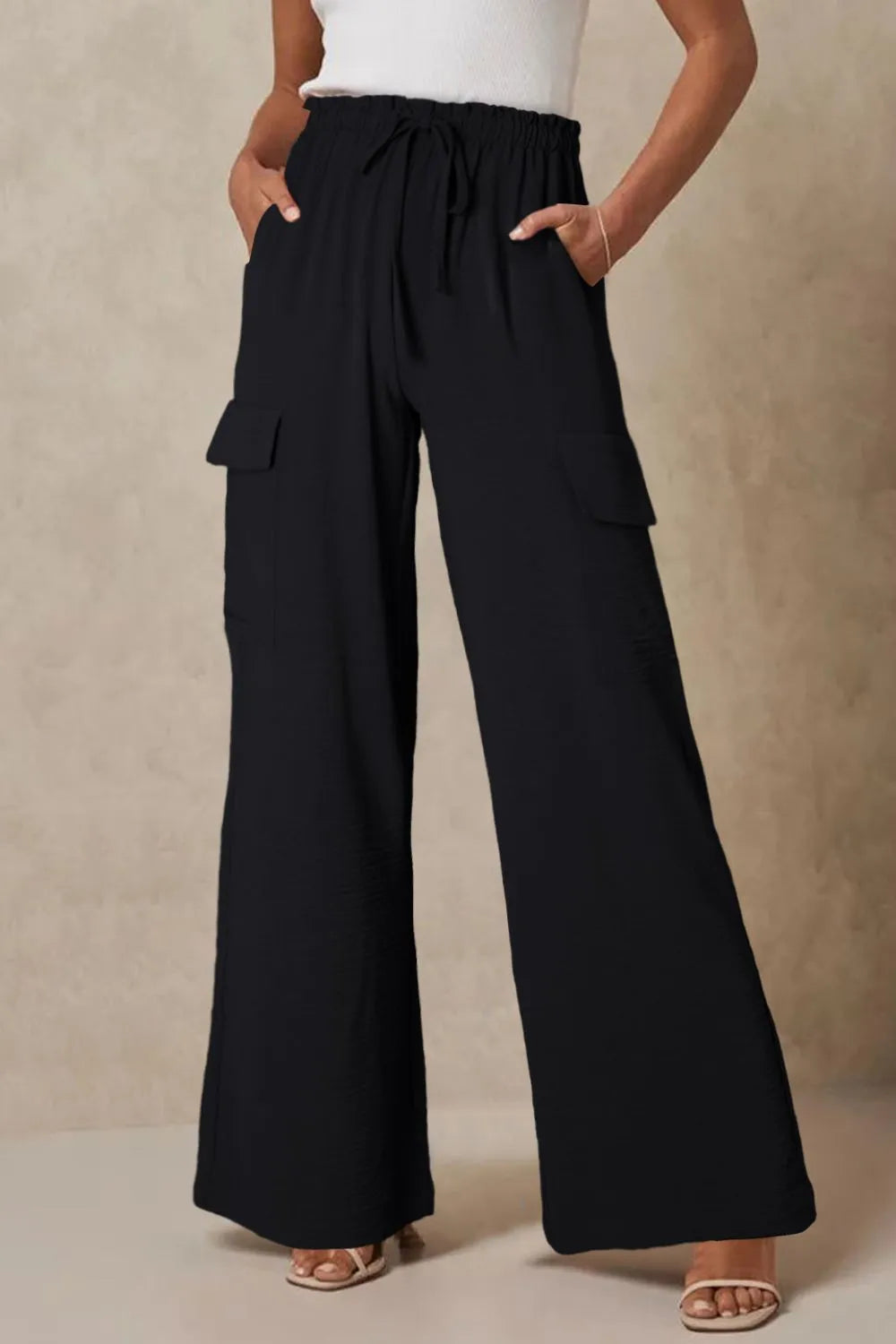 Drawstring Frilled Waist Wide Leg Utility Trousers
