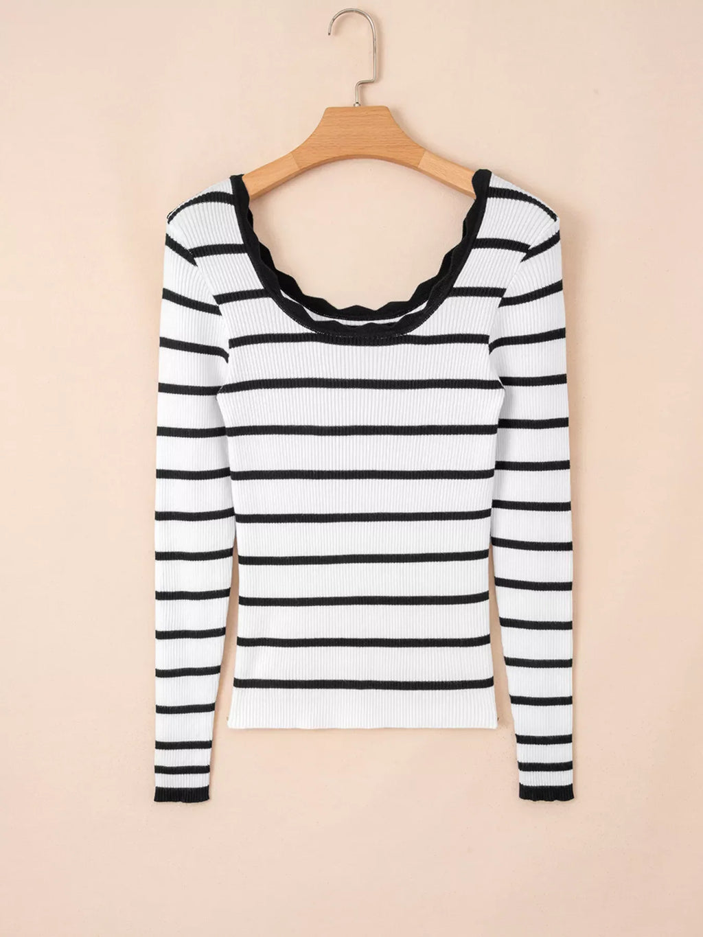 Scalloped Trim U Neck Striped Ribbed Slim Knit Top