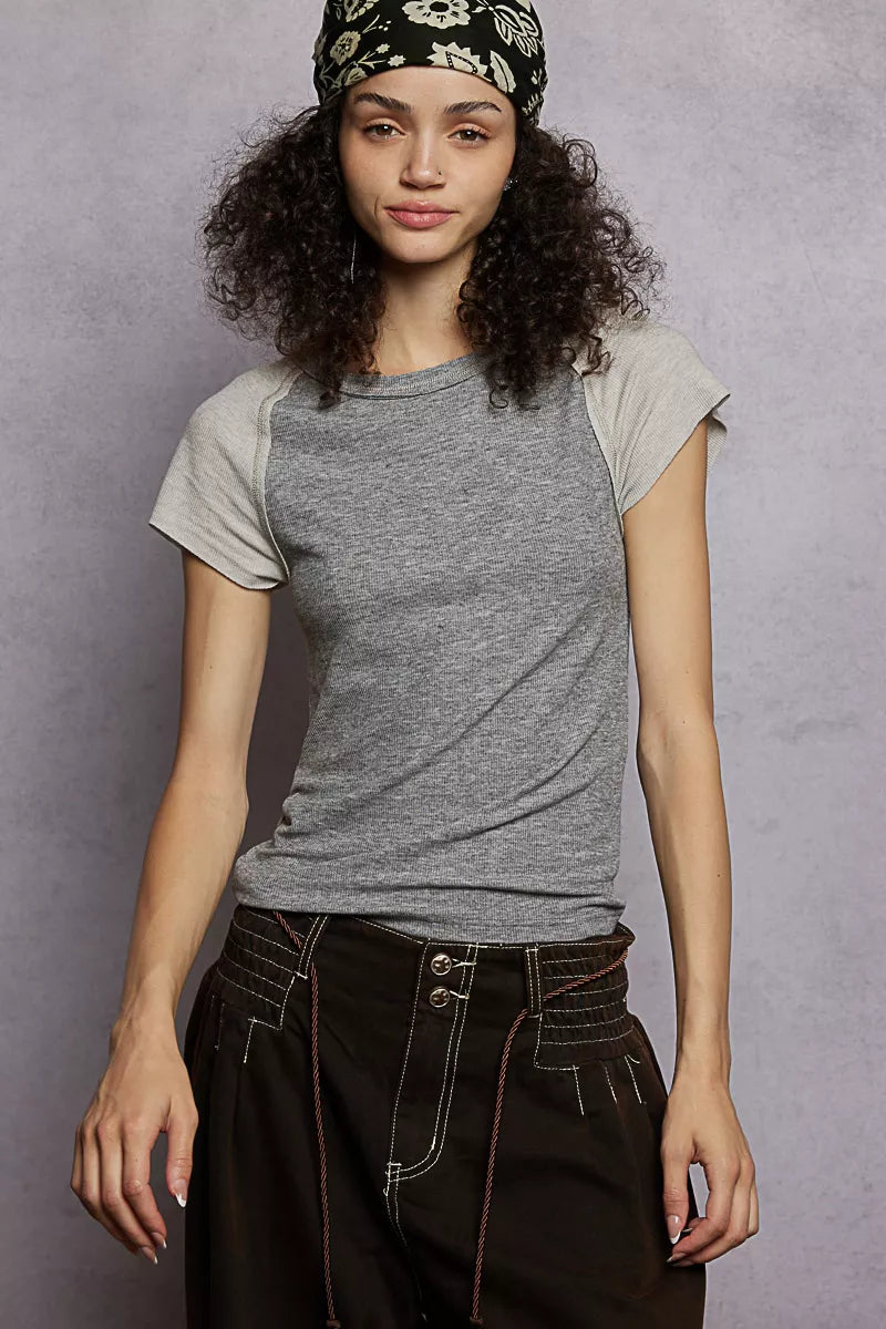 POL Round Neck Outseam Detail T-Shirt with Contrast Color Sleeves