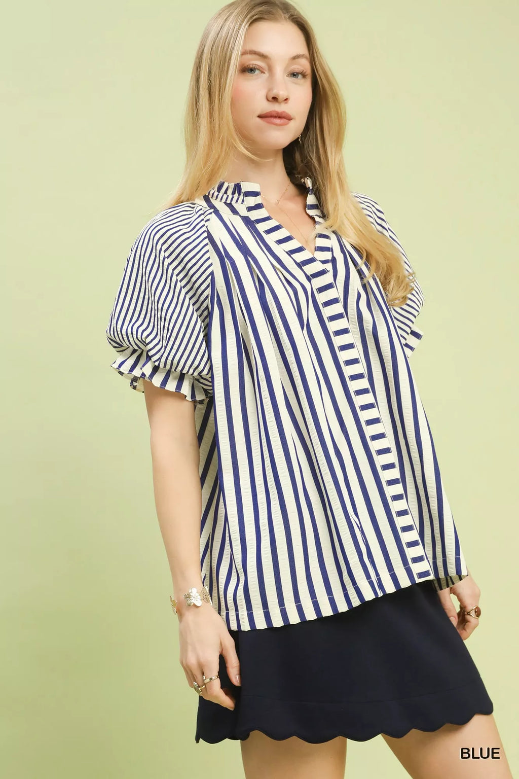 Umgee Striped Notched Top with Short Flutter Sleeves