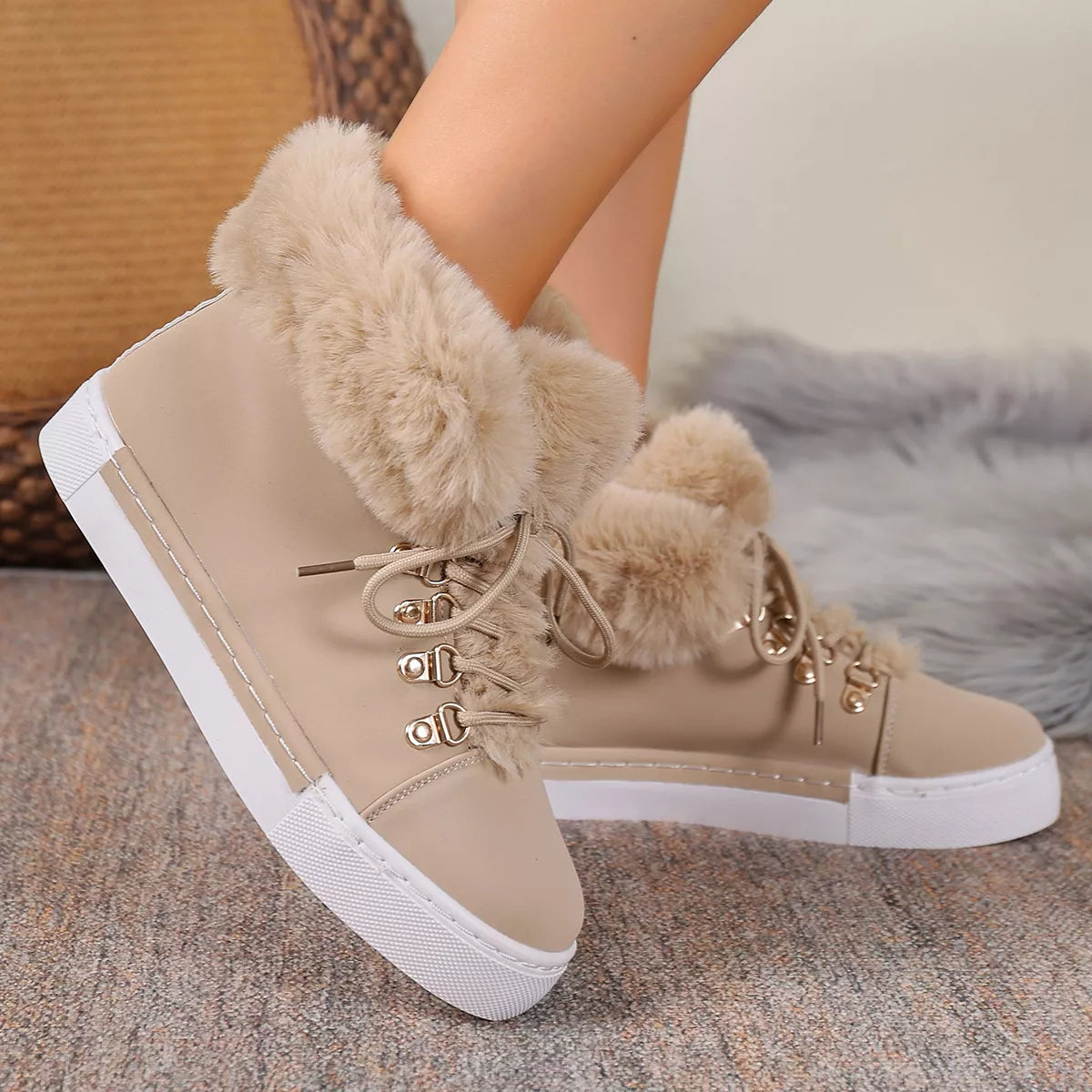 Fuzzy Trim Lace-Up Ankle Boots
