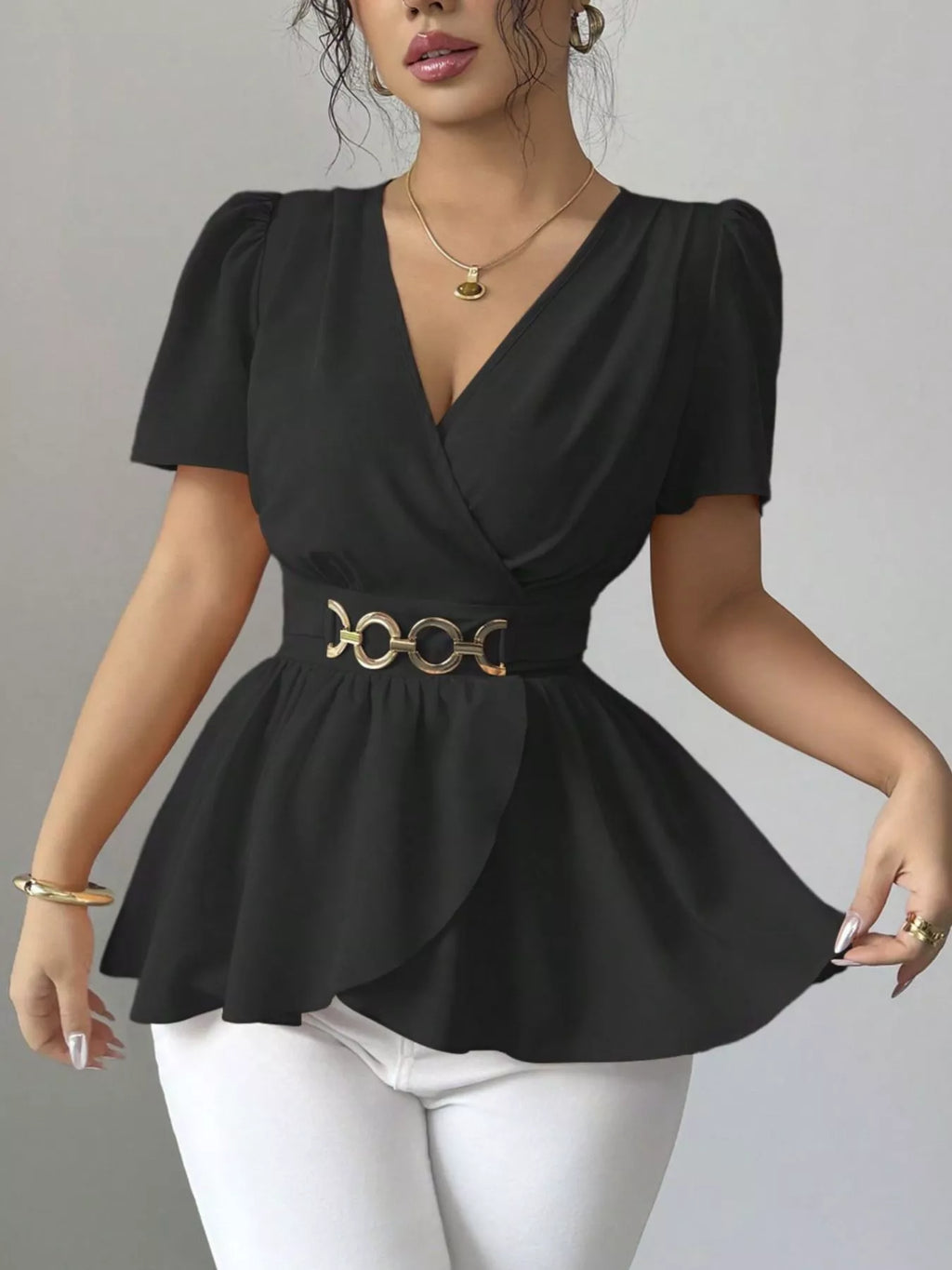Surplice Short Sleeve Blouse
