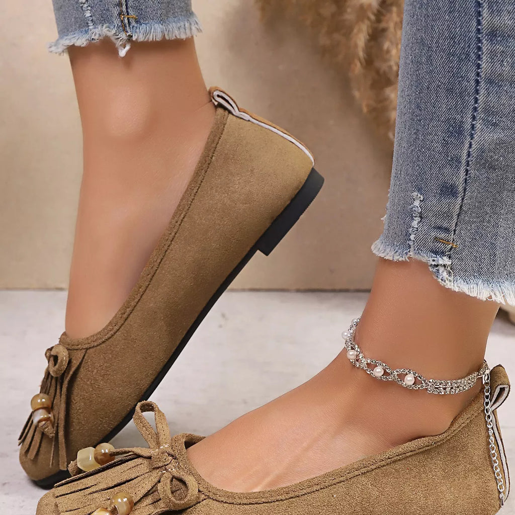 Suede Fringe Slip-Ons