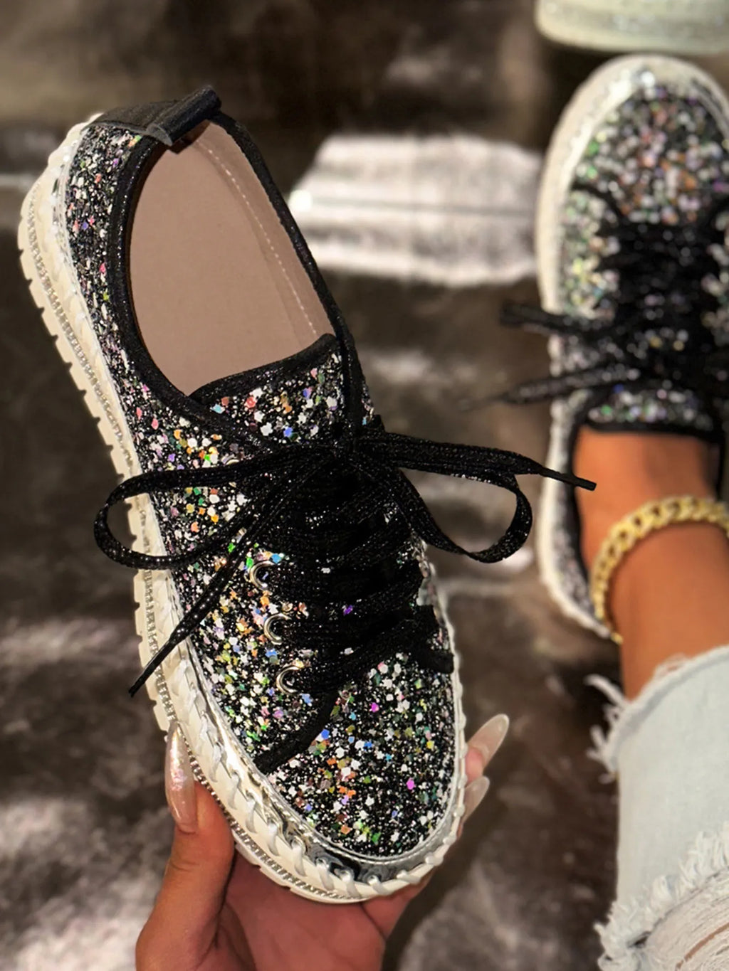 Metallic PU Leather Lace Up Platform Sneakers