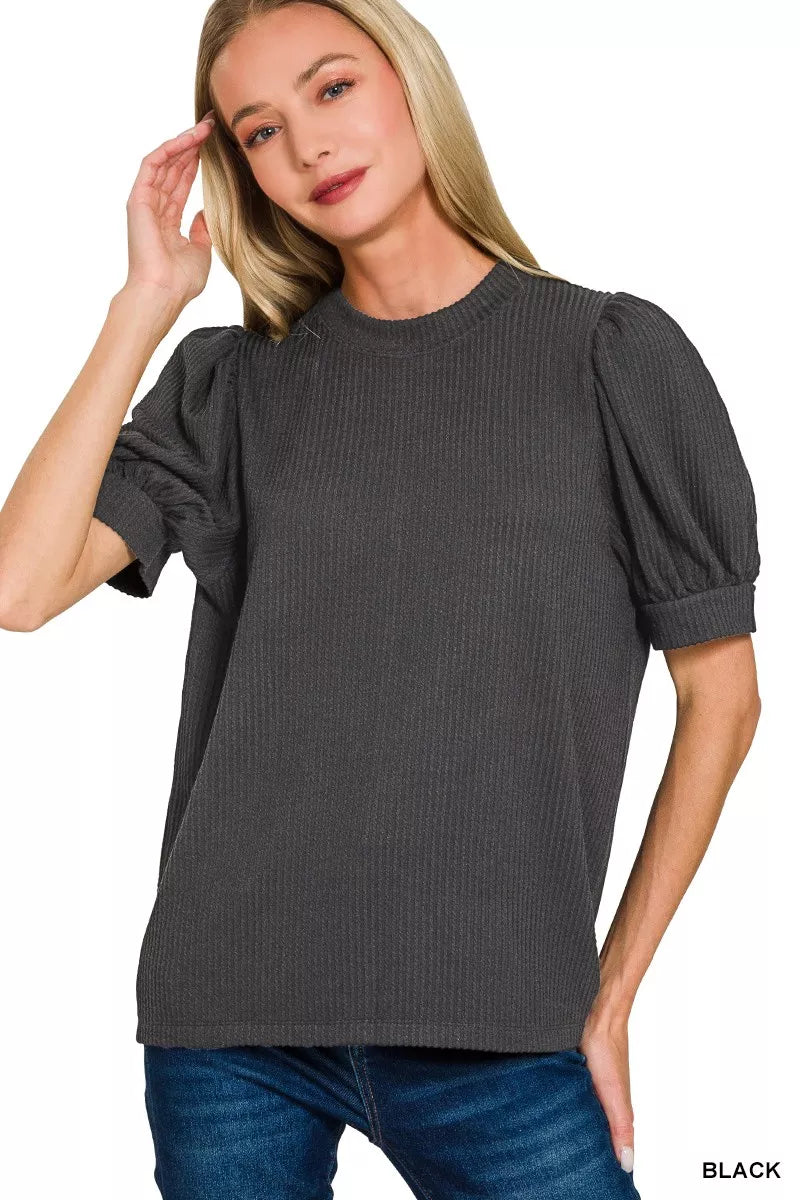 Zenana Raised Rib Puff Sleeve Top