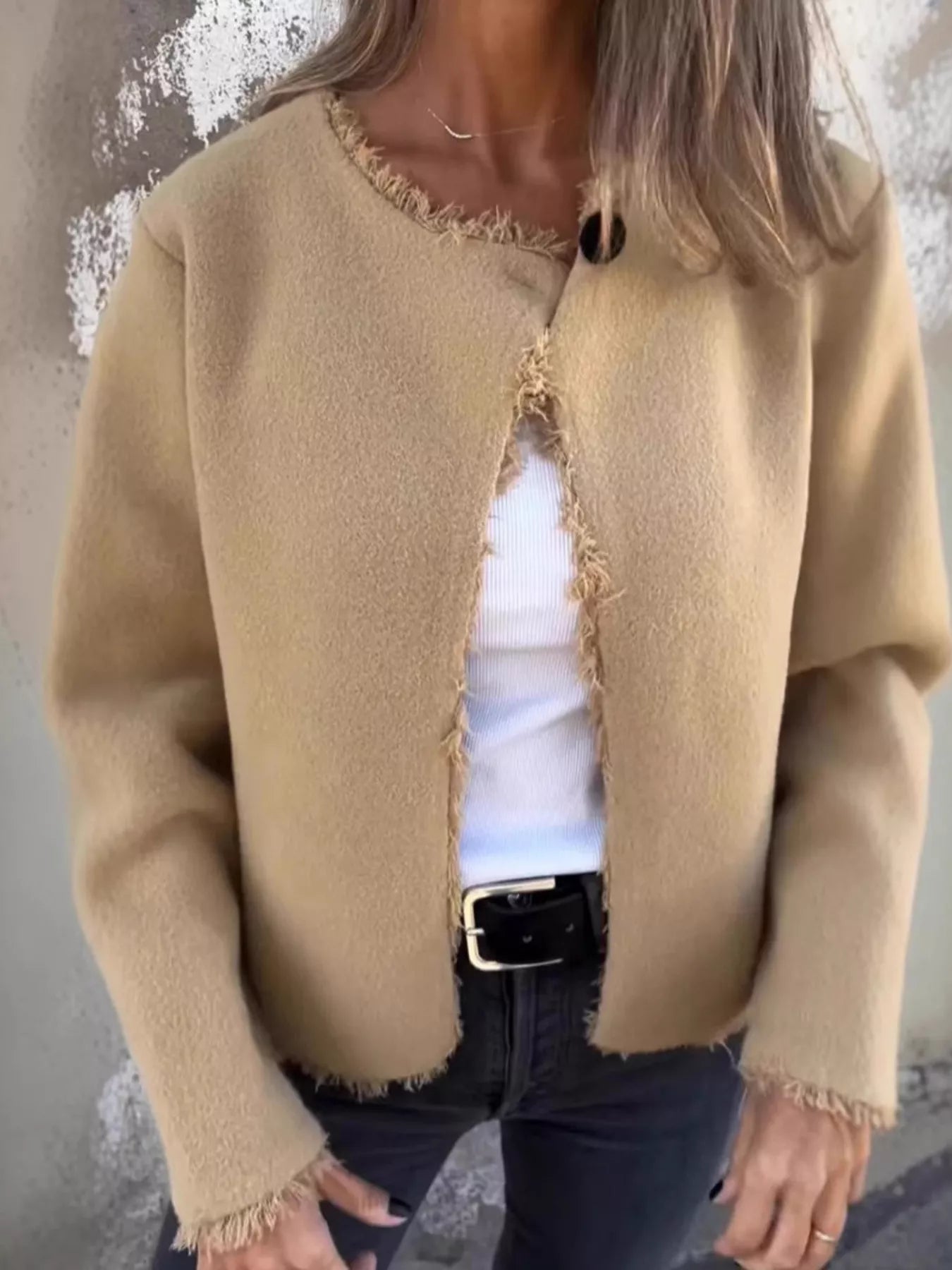 Full Size One Button Frayed Edge Cardigan Plus Size