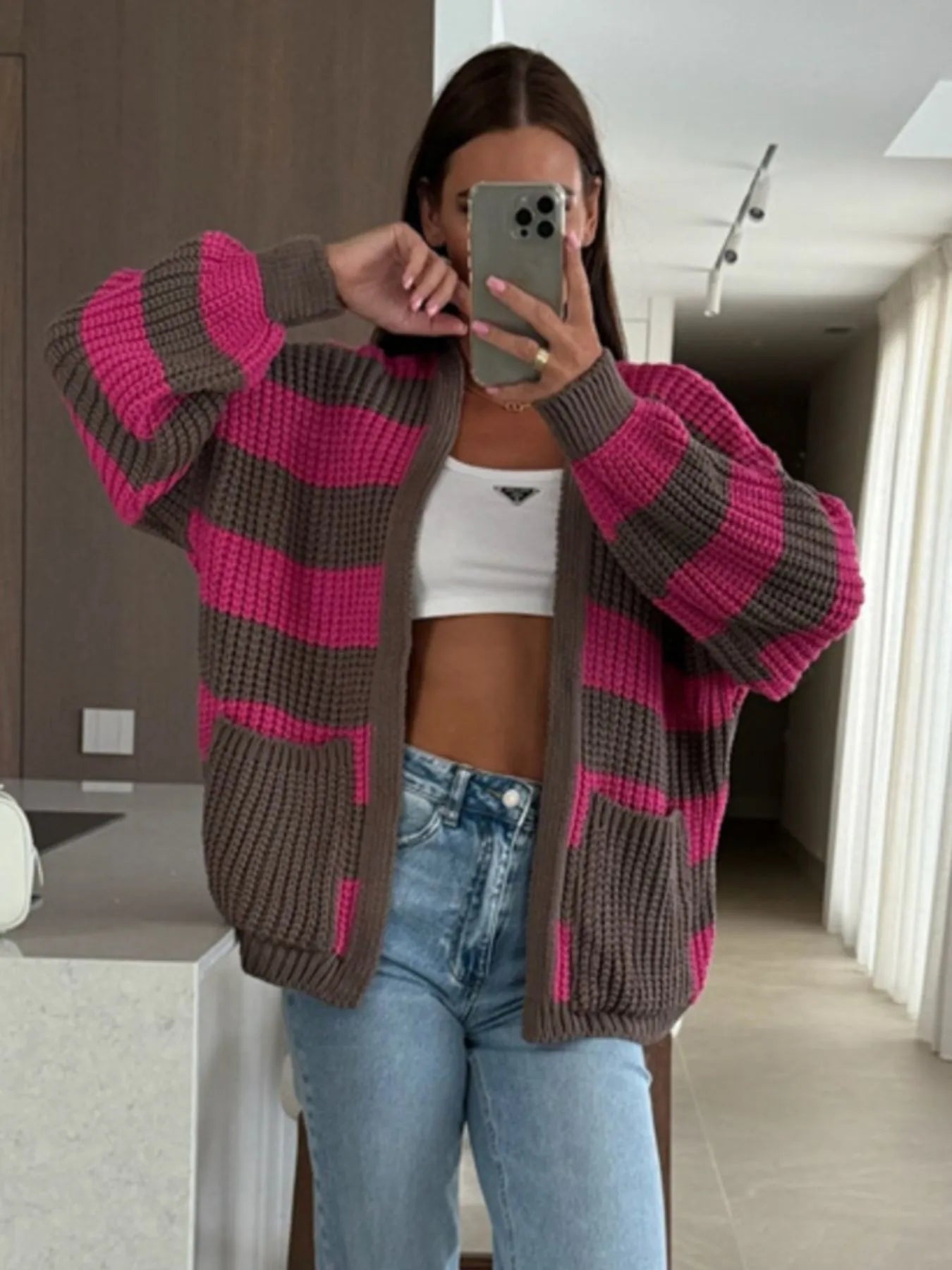 Striped Open Front Long Sleeve Cardigan