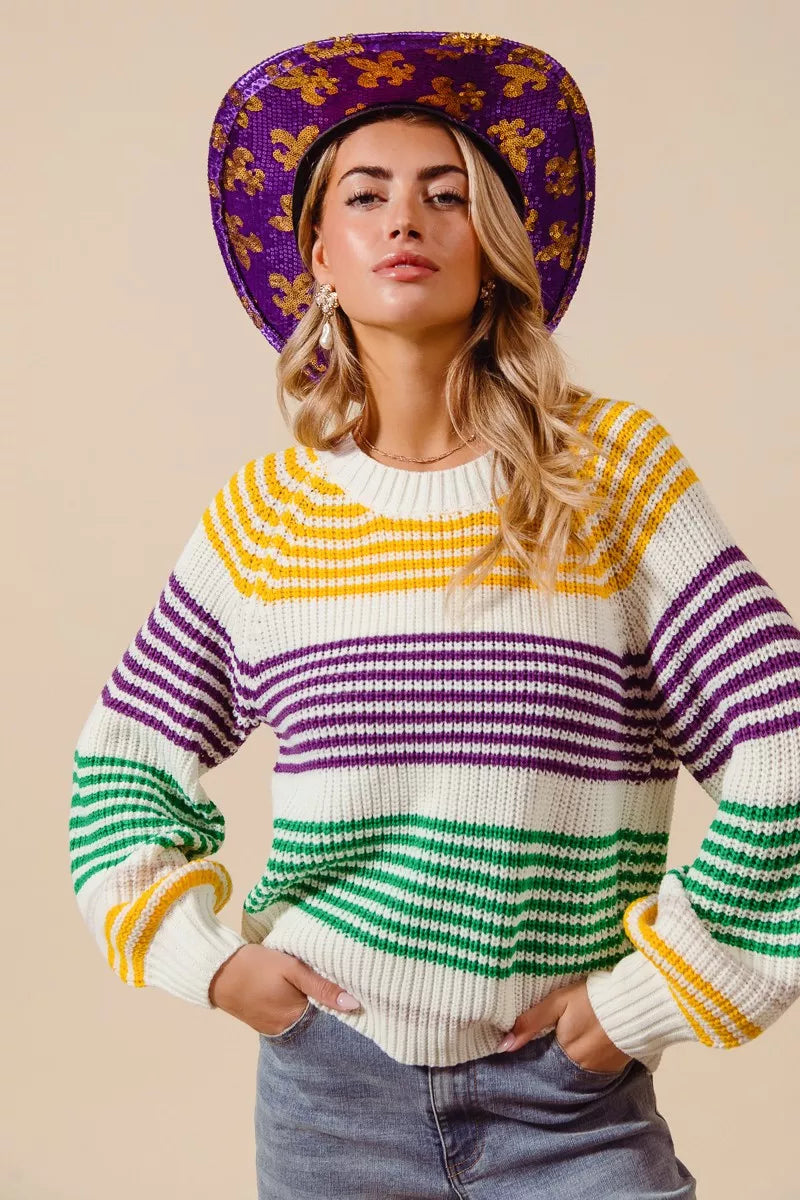 SO ME Mardi Gras Color Striped Raglan Sweater Top