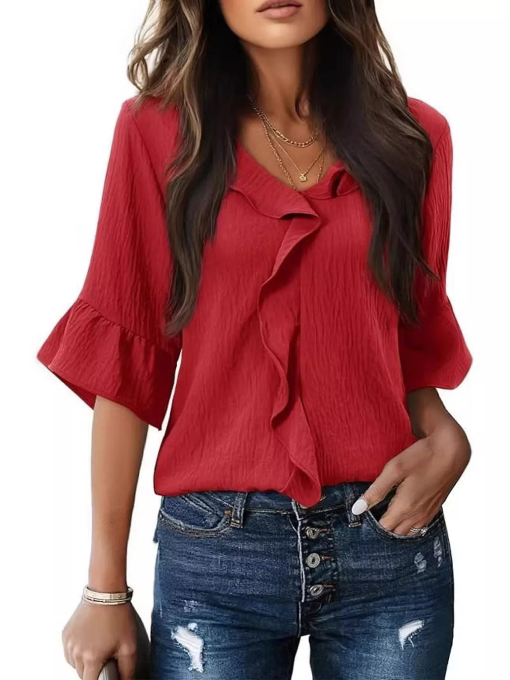 Ruffled V-Neck Bell Sleeve Blouse
