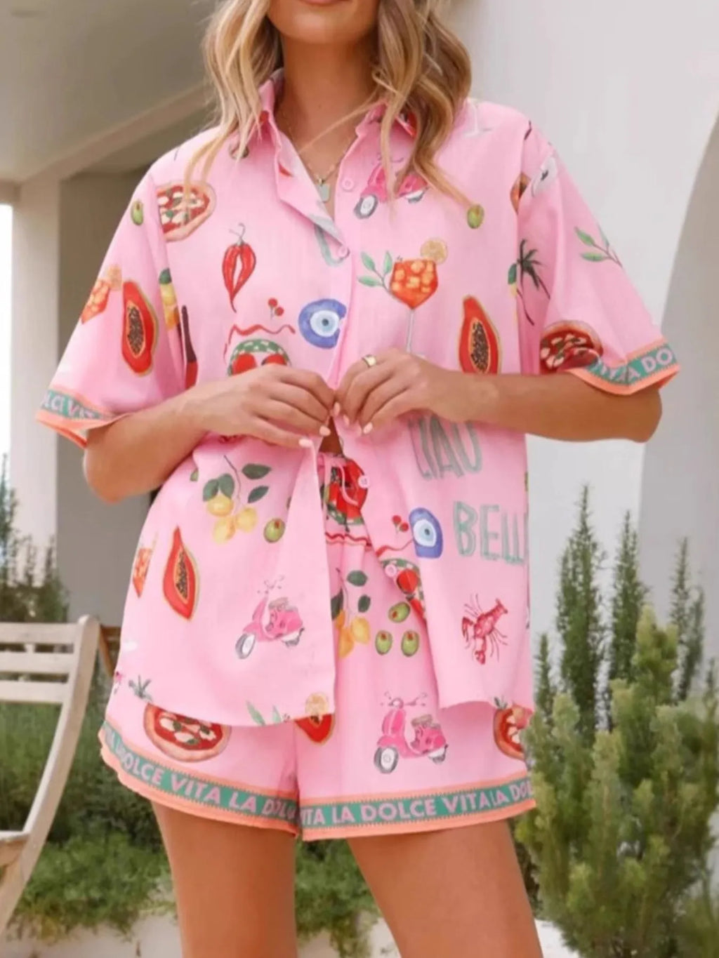 Printed Button Up Shirt and Shorts Set