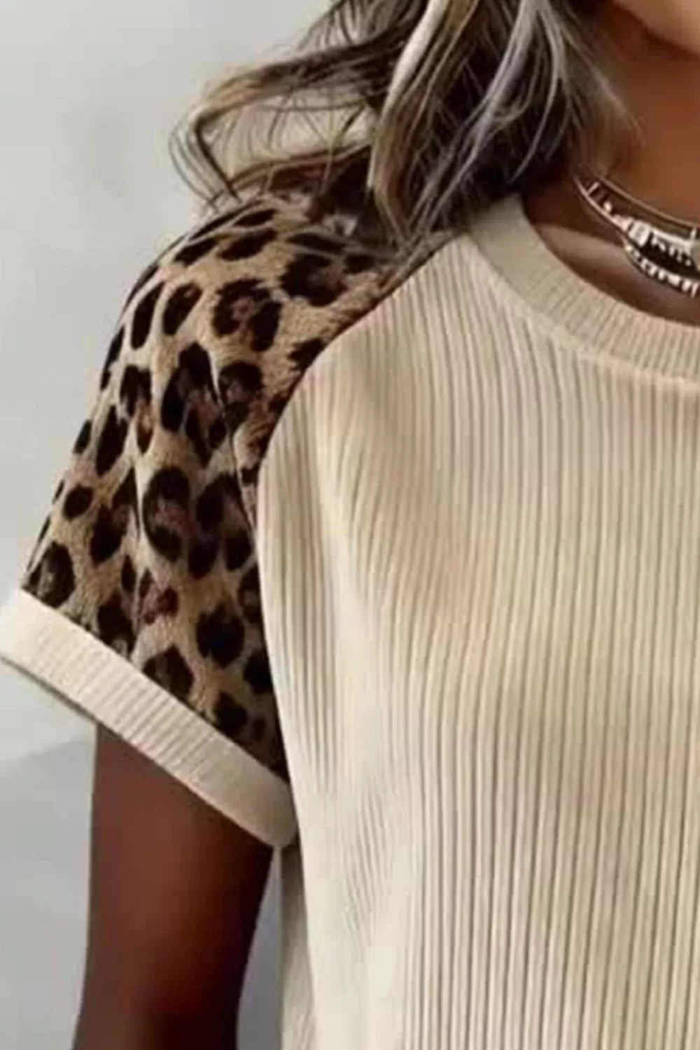 Ribbed Color Block Leopard Contrast Sleeve Loose Tee