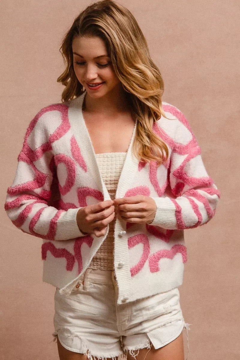 BiBi Textured Heart Buttoned V Neck Cardigan