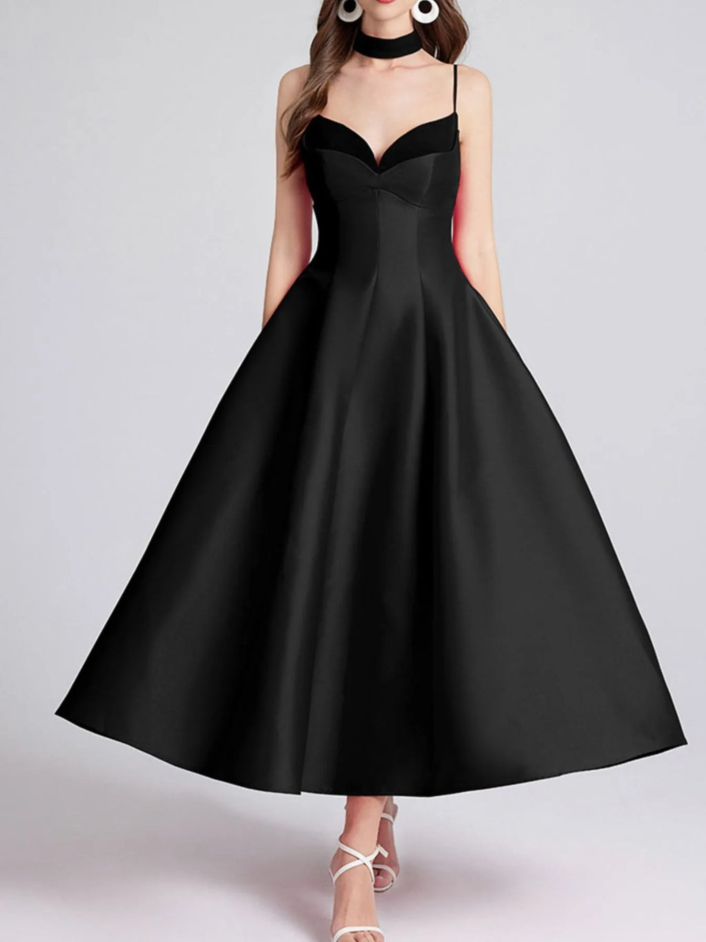 Sweetheart Spaghetti Strap Midi Dress with Collar