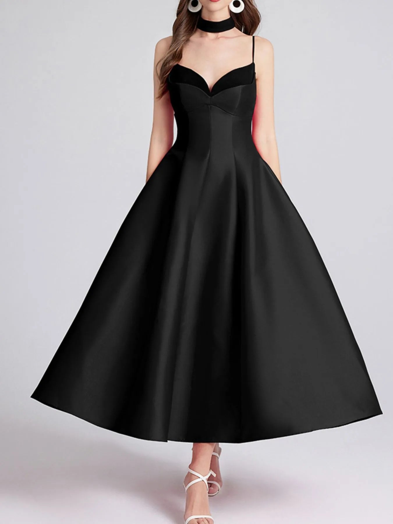 Sweetheart Spaghetti Strap Midi Dress with Collar