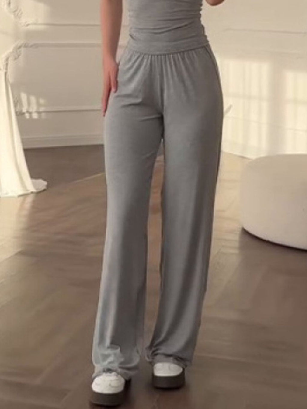 Full Size Round Neck Top and Wide Leg Pants Set Plus Size