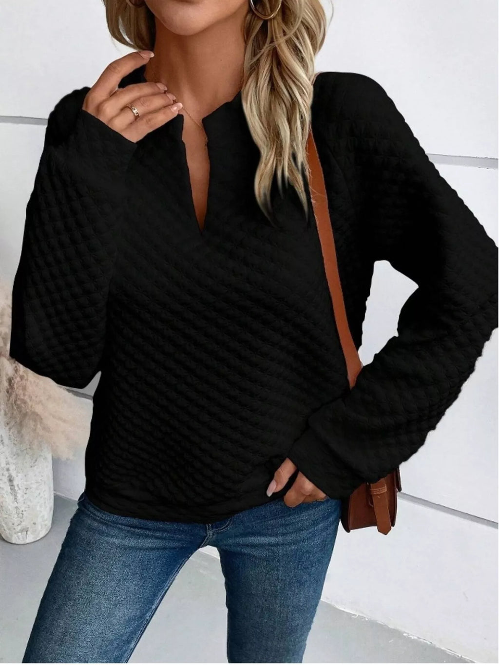 Textured Notched Raglan Sleeve Sweatshirt