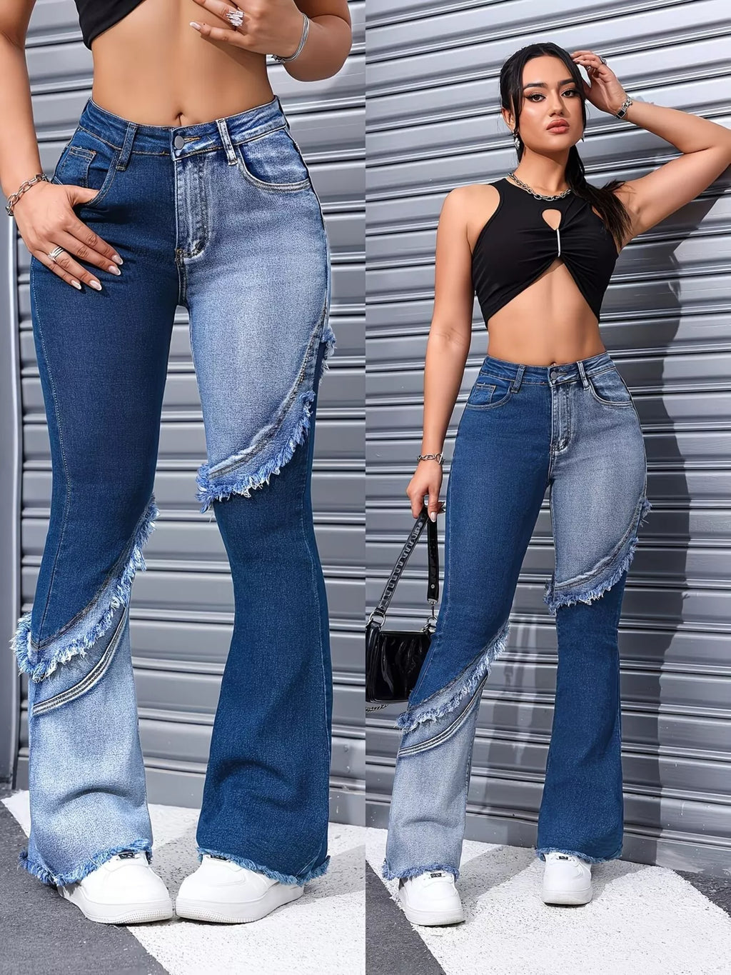 Two Tone Frayed Hem Flare Jeans